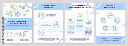 Conducting smooth usability tests blue brochure template. UX. Leaflet design with linear icons. Editable 4 vector layouts for presentation, annual reports. Arial-Black, Myriad Pro-Regular fonts used