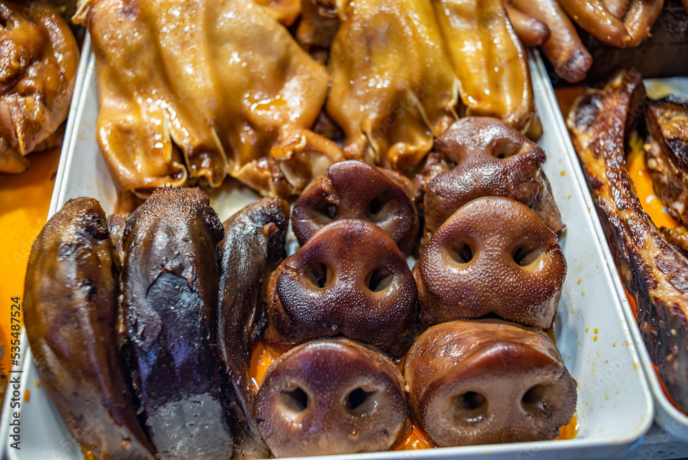 Braised pork nose at a food street braised pork stall Stock Photo