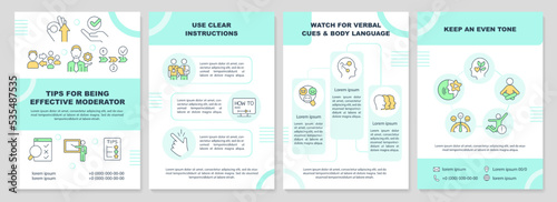 Tips for being effective moderator turquoise brochure template. Leaflet design with linear icons. Editable 4 vector layouts for presentation, annual reports. Arial-Black, Myriad Pro-Regular fonts used