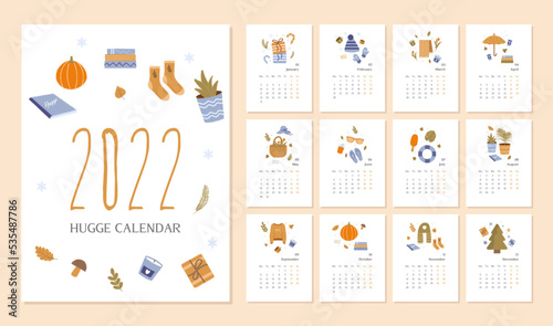Soft colored hugge illustration calendar 2022 template in vector