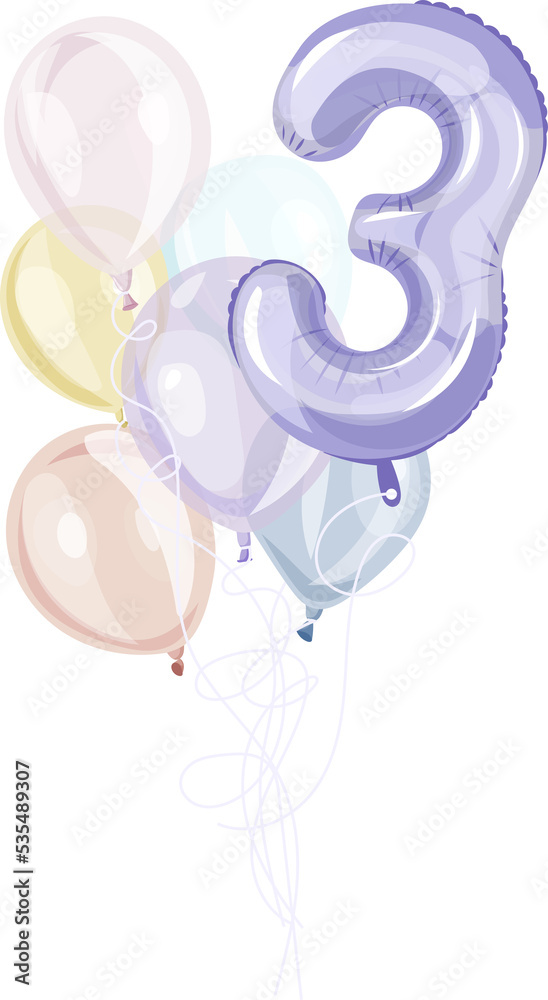 Rainbow birthday decoration set. Number Three. Girl or boy third birthday pastel transparent, foil balloons. celebration, event, congratulations concept. Vector illustration.