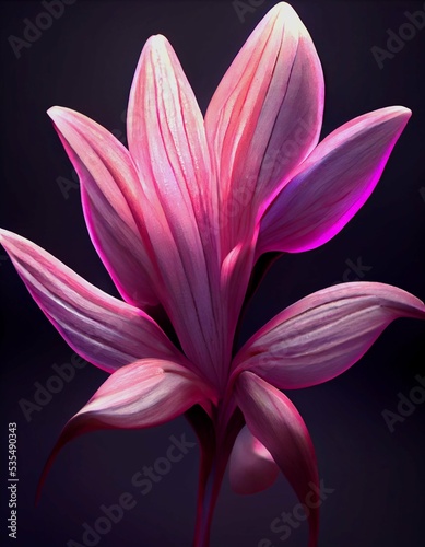 Magical pink African Lily created with the graphics shines on dark background.