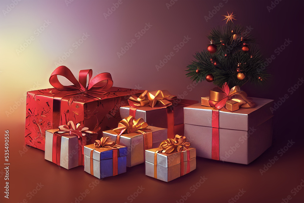 Obraz premium Hübsch verpackte Geschenke unter einem kleinen Weihnachtsbaum