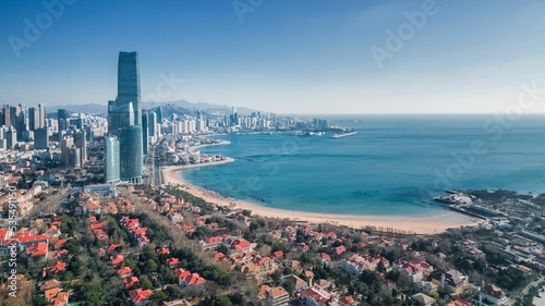 Aerial view of the skyline on the shore of Qingdao, Shandong Province, China