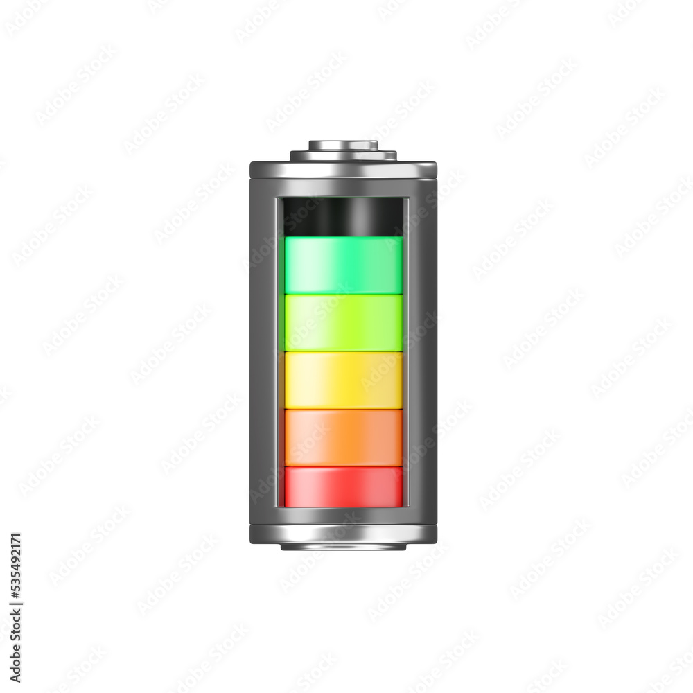 Battery 3d icon - full level capacity, energy glass storage. Power charge sign, lithium element render illustration Battery 3d icon - full level capacity, energy glass storage. Power charge sign, lithium element render illustration
