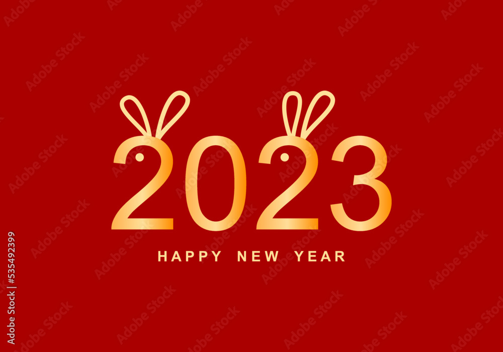 Golden yellow chinese happy new year 2023, year of the rabbit cute bunny on red background greeting card flat vector design.