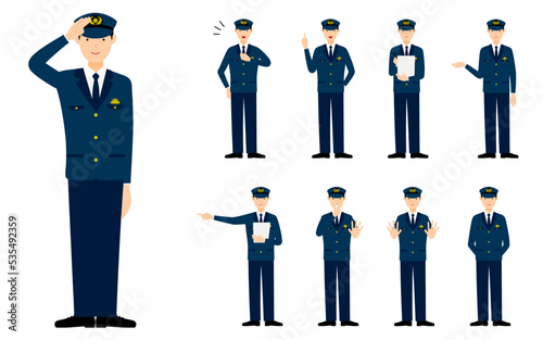 若い男性警官のポーズセット9点、敬礼や制止、取り締まりなど