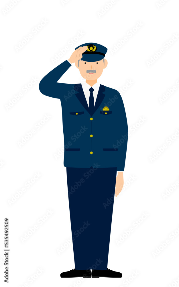 シニア男性警官のポーズ、敬礼
