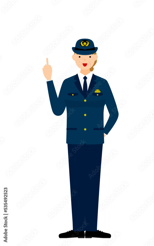 シニア女性警官のポーズ、指さし
