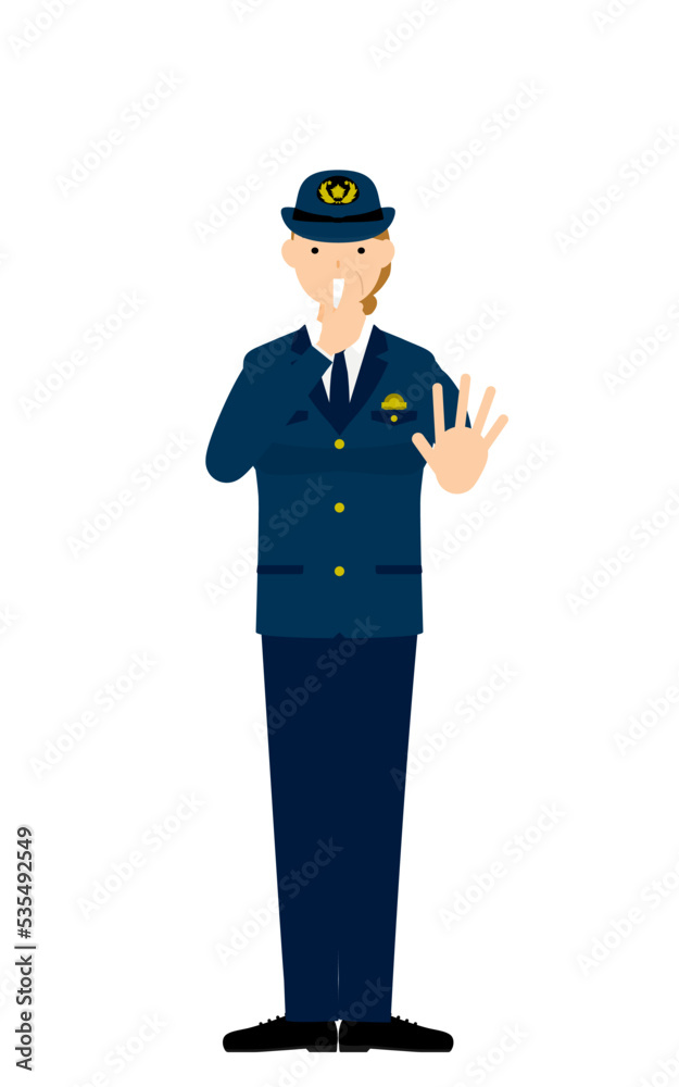 シニア女性警官のポーズ、笛を吹いて制止する