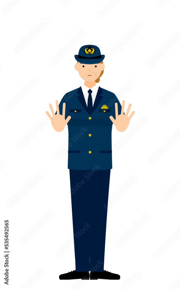 シニア女性警官のポーズ、両手を前に出して制止する