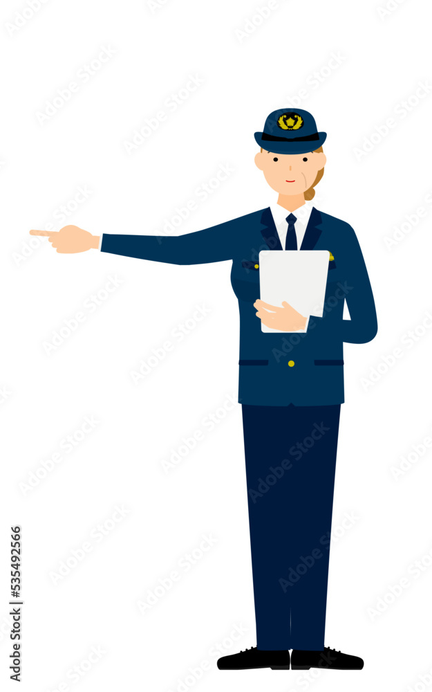 シニア女性警官のポーズ、クリップボードをもって指をさす