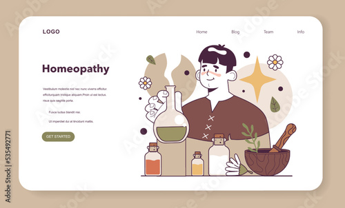 Homeopathy web banner or landing page. Traditional herbal medicine