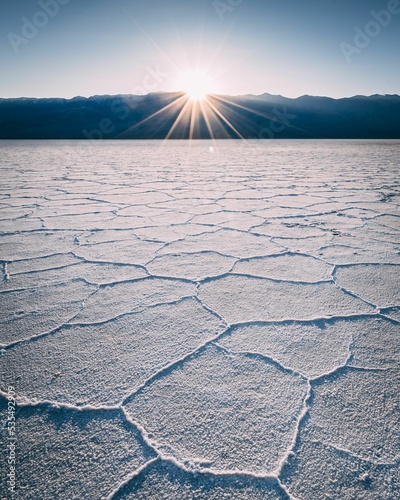 Badwater Basin in Death Valley National Park at sunset in California photo