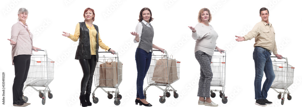 group of people with cart and outstretched hand