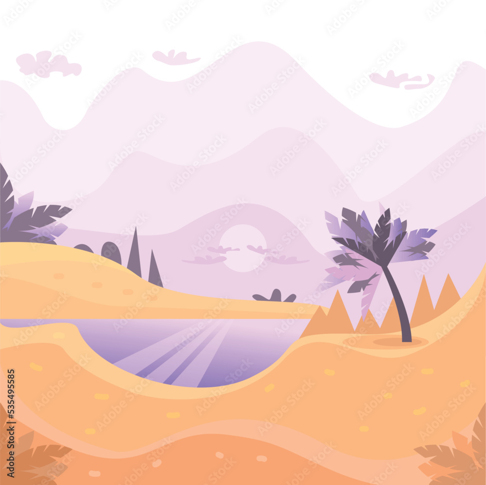 Sunset in the desert. Flat style vector illustration.