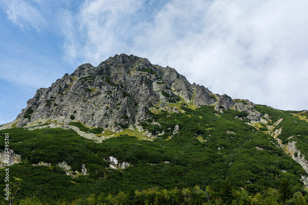 A peak Predna zeruchova veza (Skrajna Rzezuchowa Turnia, Skrajna Gajnista Turnia, Vychodna zeruchova veza) with many climbing routes in the Tatras.