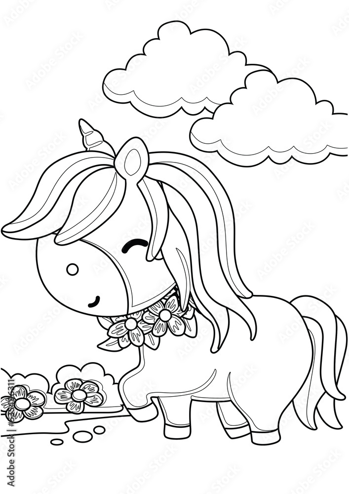 Cute Unicorn Horse Animal Coloring Pages A4 for Kids and Adult Stock ...