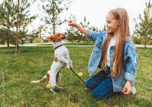 a little baby girl feeds a dog from the palm of her hand in the park. friendship of children and pets. animal feed. Jack Russell Terrier. © inna717