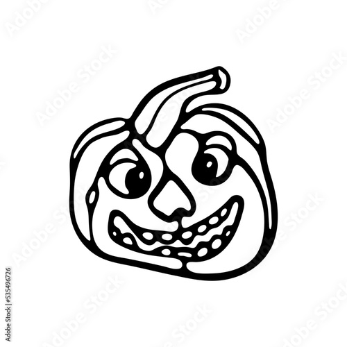 Spooky Halloween pumpkin outline doodle in engraving style. Pumpkin with scary face Trick or treat Vector illustration. Halloween coloring page for kids.