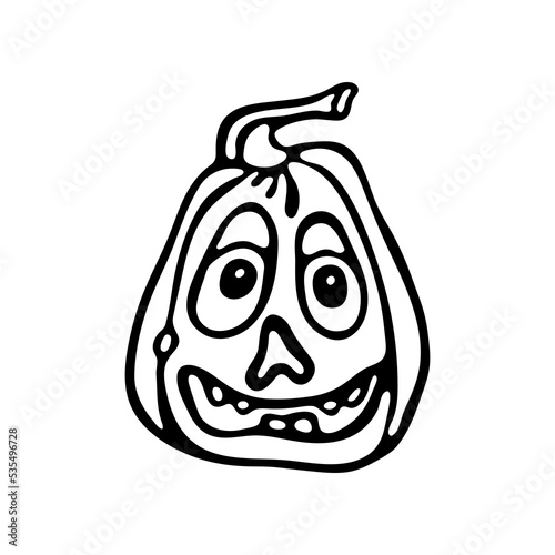 Spooky Halloween pumpkin outline doodle in engraving style. Pumpkin with scary face Trick or treat Vector illustration. Halloween coloring page for kids.
