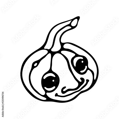 Spooky Halloween pumpkin outline doodle in engraving style. Pumpkin with scary face Trick or treat Vector illustration. Halloween coloring page for kids.