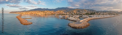 Drone panorama over the harbour of the Italian city of San Remo