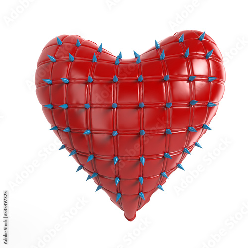 quilted heart with silver, kinky style metal, steel spikes on surface, isolated on transparent background 3d rendering. BDSM style valentine.