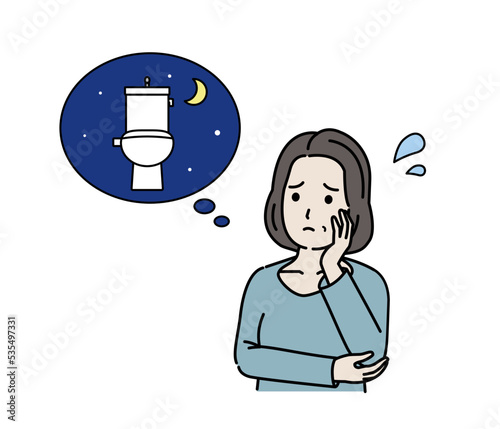 頻尿に困る中年の女性　多尿　尿意　トレイ　症状　イラスト