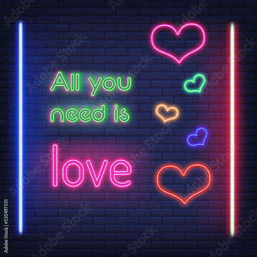 All you need is love. Heart, Neon sign, light sign, light banner.