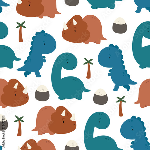 Seamless pattern with cute dinosaurs. Vector illustration in cartoon style. For card  posters  banners  printing on the pack  printing on clothes  fabric  wallpaper. 