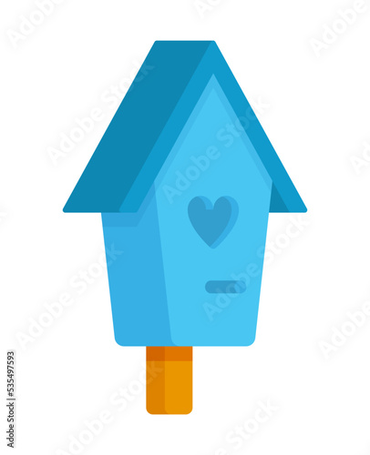 Vector illustration of wooden house. Image of a small wooden bird feeder with a bright blue roof.