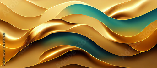 Luxurious golden waves from a gradient, liquid or fabric spillover. 3d render. © Olha