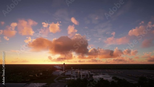 Side aerial view at sunset of Kennedy Space Center Visitor Complex, Florida. USA