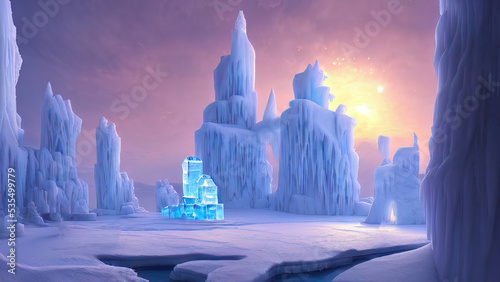 Winter landscape with neon sunset. Large blocks of ice, frozen trees. Fantasy winter snowy landscape. Frozen nature. 