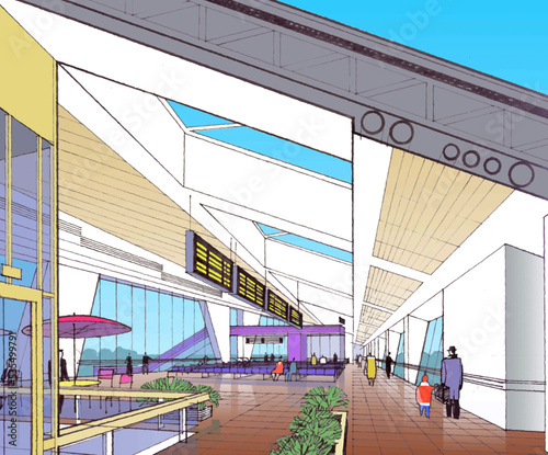 Color sketch of the interior of the airport hall. Architectural concept. Vector illustration