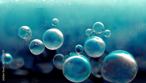 Oil drops and bubbles floating over a blue background. Great depth.