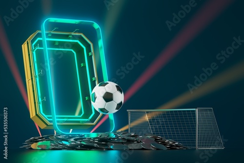 football balls object, sport ball design, football element concept, 3d illustration, abstract football technology, smartphone mobile screen, green grass field, online sport live, casino sport business