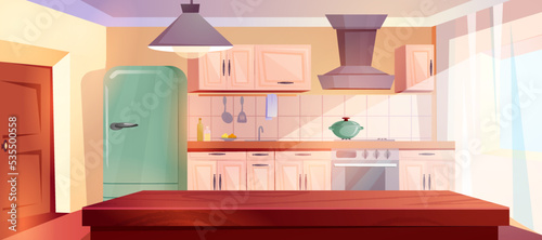 Cartoon retro kitchen interior with wooden table, furniture and range hood. Home cooking room with stove, fridge and counter. Empty apartment inside with door and window illuminated with sunlight.