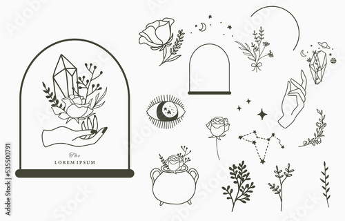 Beauty occult icon collection with hand,geometric,crystal,moon,eye,star