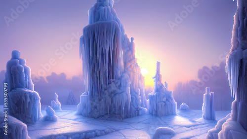 Winter landscape with neon sunset. Large blocks of ice, frozen trees. Fantasy winter snowy landscape. Frozen nature. 