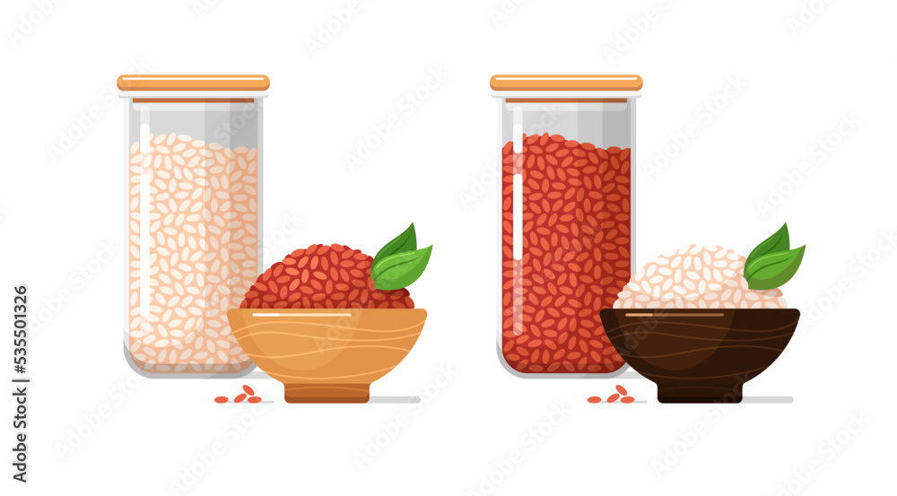 Kitchen food storage jars, wooden bowls with white, red yeast rice. Closed transparent glass or plastic containers for dry bulk products. Set of vector isolated colorful illustrations Kitchen food storage jars, wooden bowls with white, red yeast rice. Closed transparent glass or plastic containers for dry bulk products. Set of vector isolated colorful illustrations