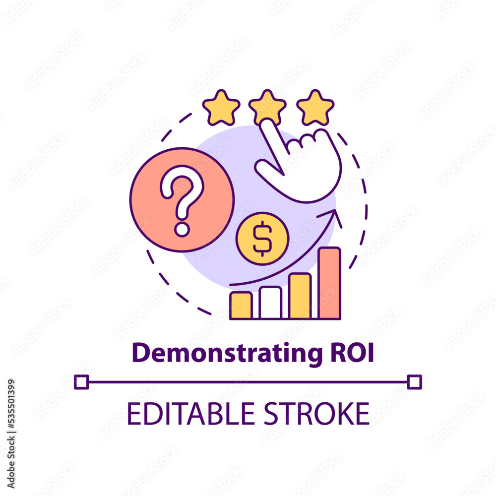 Demonstrating ROI concept icon. Issue with corporate training abstract idea thin line illustration. Measure effectiveness. Isolated outline drawing. Editable stroke. Arial, Myriad Pro-Bold fonts used Demonstrating ROI concept icon. Issue with corporate training abstract idea thin line illustration. Measure effectiveness. Isolated outline drawing. Editable stroke. Arial, Myriad Pro-Bold fonts used