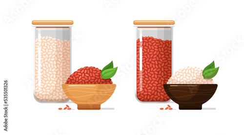 Kitchen food storage jars, wooden bowls with white, red yeast rice. Closed transparent glass or plastic containers for dry bulk products. Set of vector isolated colorful illustrations