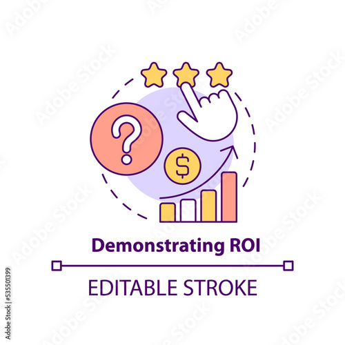 Demonstrating ROI concept icon. Issue with corporate training abstract idea thin line illustration. Measure effectiveness. Isolated outline drawing. Editable stroke. Arial, Myriad Pro-Bold fonts used