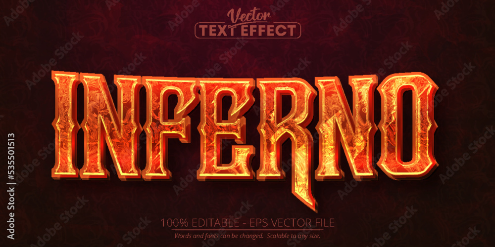 Inferno text effect, fire orange color editable text style on dark grunge textured background