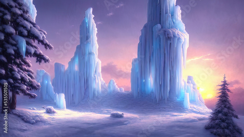 Winter landscape with neon sunset. Large blocks of ice, frozen trees. Fantasy winter snowy landscape. Frozen nature. 