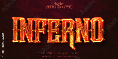Fototapeta Inferno text effect, fire orange color editable text style on dark grunge textur