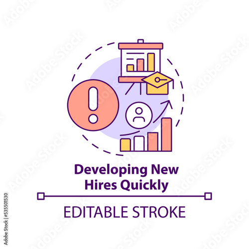 Developing new hires quickly concept icon. Corporate learning challenge abstract idea thin line illustration. Isolated outline drawing. Editable stroke. Arial, Myriad Pro-Bold fonts used