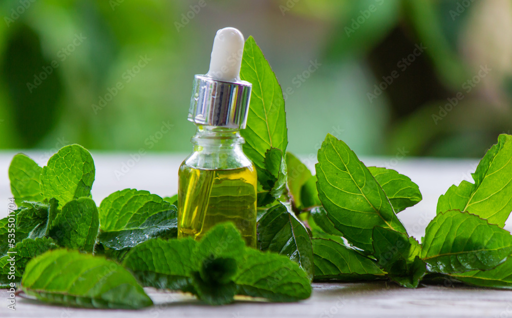 The mint extract in a small jar. The mint extract in a small jar.